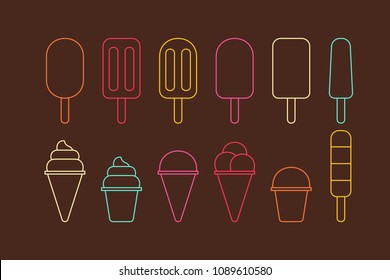 Colorful Different ice cream line icon. isolated on brown background