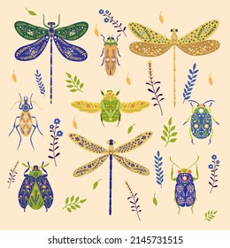 Coloridos y diferentes insectos, gusanos y bichos planos para el diseño web. Escarabajos de campo de dibujos animados, gusanos, lombrices de tierra y libélula aislada colección de ilustraciones vectoriales. El concepto de plagas y agricultura