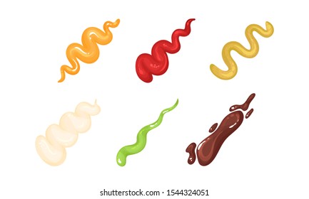 Colorful Different Sauce Strips Vector Set. Various Assortment of Spicy Gourmet