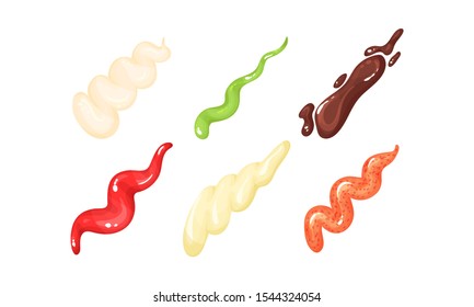 Colorful Different Sauce Strips Vector Set. Various Assortment of Spicy Gourmet