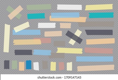 Colorful different size adhesive, sticky, masking, duct tape, paper pieces are on grey squared background