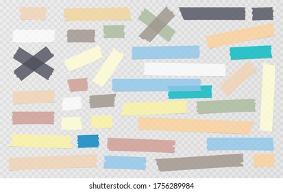 Colorful different size adhesive, sticky, masking, duct tape, paper pieces are on white squared background