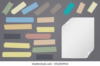 Colorful different size adhesive, sticky, masking, duct tape and note, notebook paper are on dark grey background