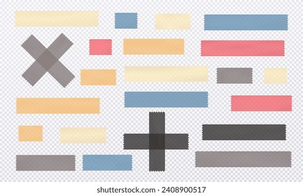 Colorful and different size adhesive, sticky, tape, paper pieces are on white squared background.