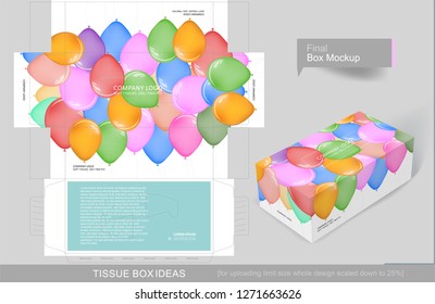 Colorful different size balloons tissue box concept, template for business purpose, place your text and logos and ready to go for print