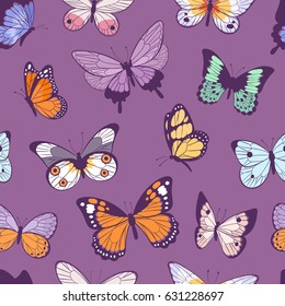 Colorful different summer butterfly wings seamless pattern vector illustration background.