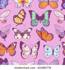 Colorful different summer butterfly wings seamless pattern vector illustration background.