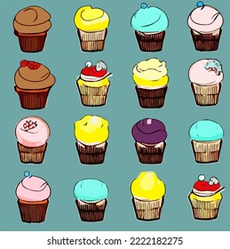 Colorful Different Sweet Cupcakes Illustration Vector Cartoon Drawing