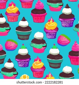 Colorful Different Sweet Cupcakes Illustration Vector Cartoon Drawing