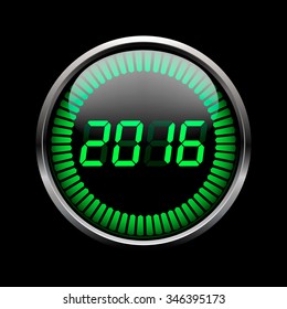 Colorful digital 2016 year time icon on a black background.