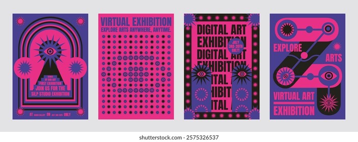 Colorful digital art exhibition posters with bold text and geometric designs. Virtual exhibition theme with vibrant colors and eye-catching patterns. Psychedelic retro poster template vectors.