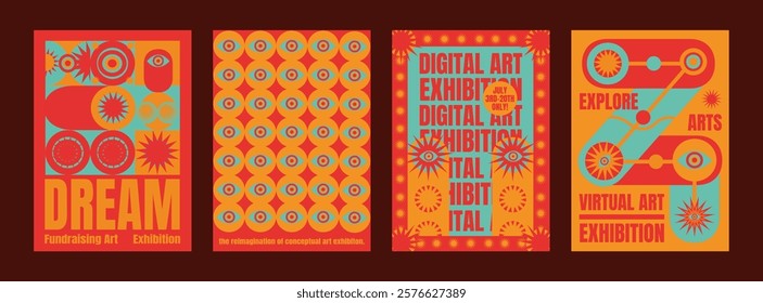 Colorful digital art exhibition posters. Bold, vibrant designs with geometric patterns. Eye-catching art, digital art, and psychedelic exhibition themes. Psychedelic retro poster template vectors.