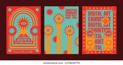 Colorful digital art exhibition posters with bold text and abstract designs. Art exhibition details in vibrant colors. Eye-catching digital art theme. Psychedelic retro poster template vectors.