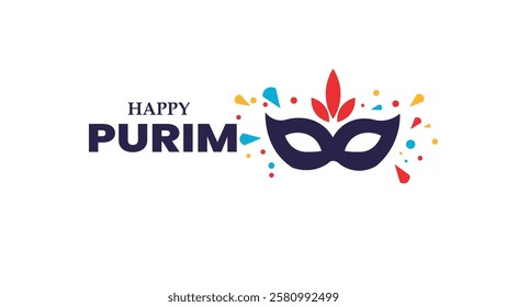 A colorful digital banner celebrating Purim featuring a festive masquerade mask with decorative elements on a white background representing joy and Jewish tradition