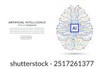 Colorful digital brain circuit board with AI chip processor. Business idea and innovation. Artificial intelligence and innovation technology concept. AI microchip, semiconductor. Vector illustration.