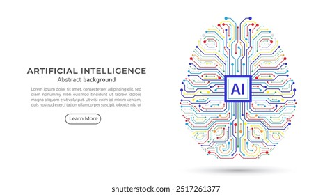 Placa de circuito digital do cérebro colorido com processador de chip AI. Ideia de negócio e inovação. Inteligência artificial e conceito de tecnologia de inovação. Microchip AI, semicondutor. Ilustração vetorial.