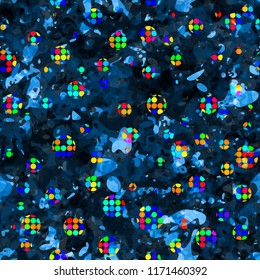 Colorful digital bubbles from dots on dark blue template. Seamless texture. Abstract vector background for web page, banners backdrop, fabric, home decor, wrapping