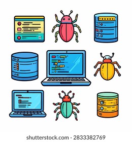 Colorful digital data, computer servers, laptops, and bug icons representing cybersecurity, data management, and technology concepts.