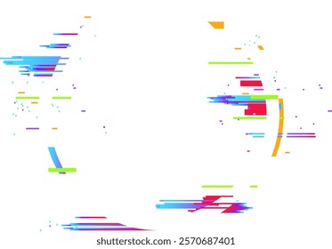 Colorful digital distortion effect resembling a glitch or signal loss, created with pixel sorting and offsetting techniques on a clean white background