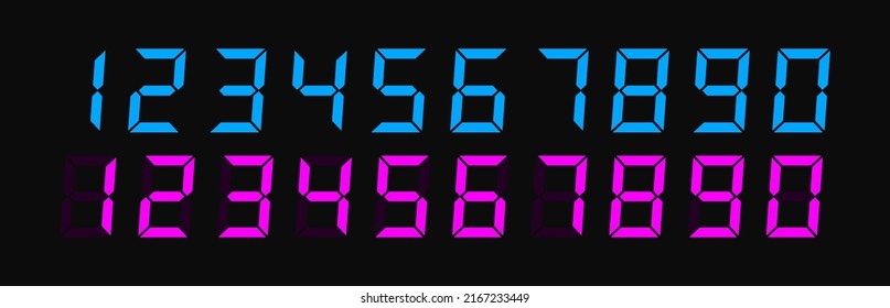 Colorful digital electronic figures set. Digital numbers for watch, alarm clock, countdown and timer. Vector illustration graphic design.