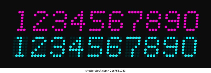 Farbige elektronische Figuren setzen Pixelstil. Digitale Nummern für Uhr, Wecker, Countdown und Timer. Grafikdesign der Vektorgrafik.