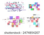 Colorful digital glitch art elements in various abstract forms. This vector illustration set features disrupted visual patterns for creative projects.