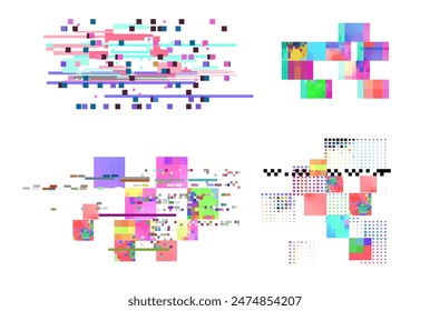 Colorful digital glitch art elements in various abstract forms. This vector illustration set features disrupted visual patterns for creative projects.