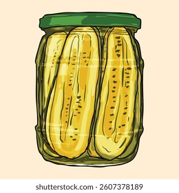 A colorful digital illustration featuring fresh pickles and leaves in a scattered arrangement. The hand-drawn style and vibrant colors highlight the texture and freshness of the ingredients.
