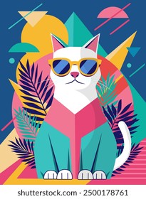 Ilustración digital colorida de un gato groovy con gafas de sol sobre un fondo brillante de la puesta del sol con plantas tropicales y Elementos geométricos. Ilustración vectorial plana en color vibrante.