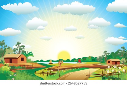 A colorful digital illustration of a peaceful rural village at sunrise, featuring traditional mud houses, lush green fields, trees, boats on a river, and farmers walking on a dirt path, sky with cloud