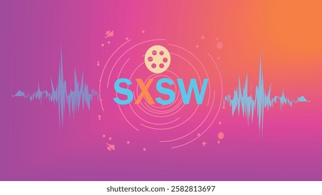 A colorful digital logo for SXSW (South by Southwest) featuring vibrant soundwave patterns and a film reel icon against a gradient background, representing music and film creativity