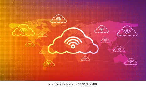 Colorful Digital Network Connecting With Clouds on Global Technology background,Cloud Computing concept.