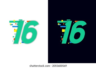 Colorful digital number sixteen logo. Design for anniversary or birthday. With technology and fast concept. 16 year