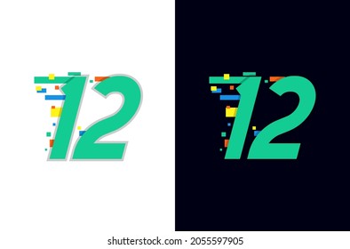 Colorful Digital Number Twelve Logo. Design For Anniversary Or Birthday. With Technology And Fast Concept. 12 Year