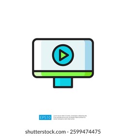 Colorful digital play button icon on a computer screen representing modern multimedia and interactive content in a user-friendly interface design