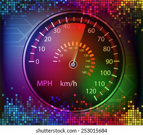 colorful digital sound and car speedometer background vector