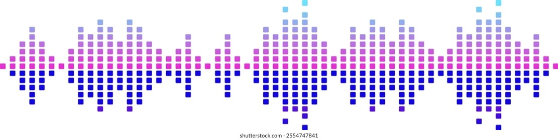 Colorful digital sound waves are visualized as a pixelated gradient, creating a vibrant representation of an audio signal, symbolizing music waveforms and digital studio equalizers