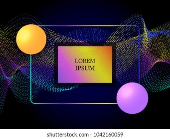 Colorful digital wave with chaotic particles and balls on dark background.