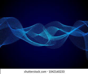 Colorful digital wave with chaotic particles on dark background.