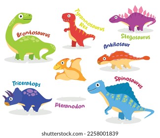 colorful dinosaur collections in cartoon style T-rex, stegosaurus, ankylosaur, spinosaurus, pteranodon, triceratops, brontosaurus vector illustrations EPS10