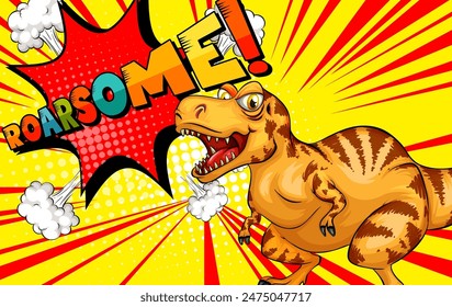 Colorful dinosaur with comic-style text and effects