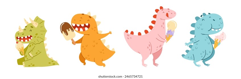Colorful Dinosaur Eating Ice Cream Frozen Dessert Vector Set