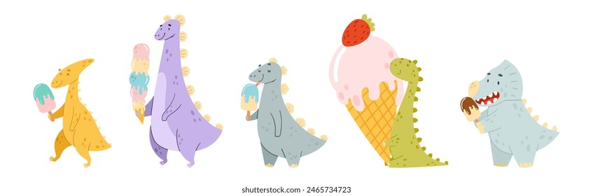 Colorful Dinosaur Eating Ice Cream Frozen Dessert Vector Set