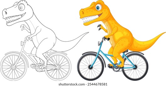 Colorful dinosaur happily cycling on a bike