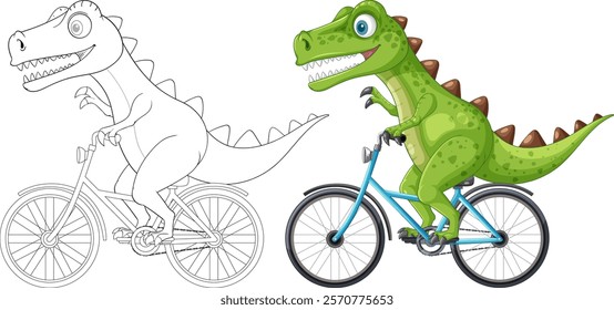 Colorful dinosaur happily cycling on a bike