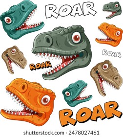 Colorful dinosaur heads with 'Roar' text