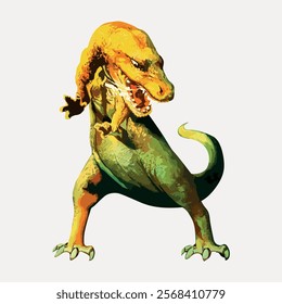 Colorful dinosaur illustration featuring fierce T-Rex. The dinosaur stands tall, showcasing vibrant colors and dynamic pose. T-Rex dinosaur art. Vintage art drawing illustration, painting art vector.