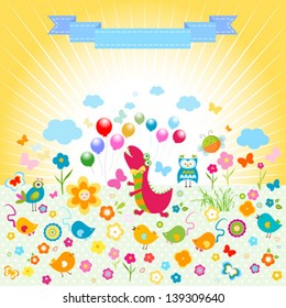 colorful dinosaur party, cute happy animals and flowers background