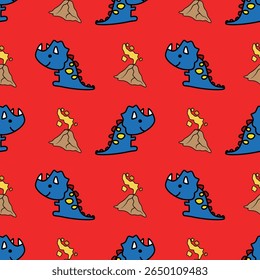 Colorful dinosaur pattern on red background