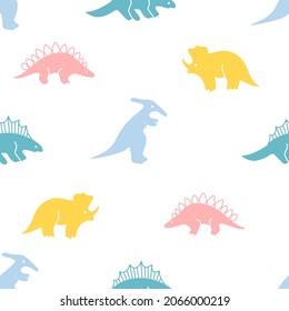 Colorful dinosaur seamless pattern in doodle style on white background  for fashion print, wallpaper, gift wrapping paper etc.